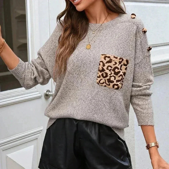 Khaki Casual Women's Loose Fit Crew Neck Floral Pocket Pullover - Picture 3 of 4